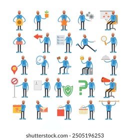bald man characters set in various poses vector illustration