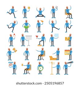 bald man characters set in various poses vector illustration