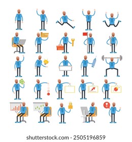 bald man characters set in various poses vector illustration