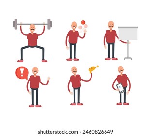 bald man characters in various poses vector illustration