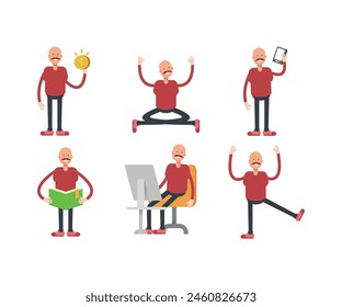 bald man characters in various poses vector illustration
