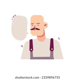 Bald man conversation with empty balloon speak vector illustration. Character talking with chat bubble symbol people flat design.