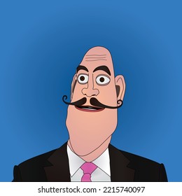 Bald man with a Dali's moustache cartoon profile portrait avatar