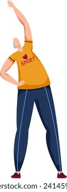 Bald man doing side bend exercise in sportswear. Male fitness enthusiast performing stretching workout. Health and fitness routine vector illustration.