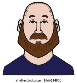 Bald man with full beard.  blue, brown, colored, avatar, comic, monochrome.