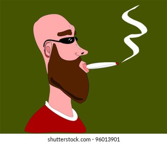bald man with full beard smoking medical marijuana cigarette