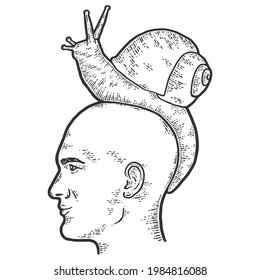 Bald man with a giant snail on his head. Sketch scratch board imitation color. Engraving vector illustration.