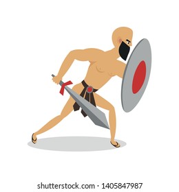 Bald man gladiator moving to attack his opponent with sword