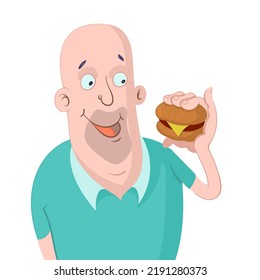 Bald man is going to eat a hamburger, vector illustration