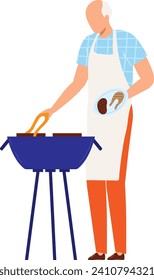 Bald man grilling steaks outdoors, wearing apron. Summer BBQ scene with cheerful adult male cooking. Outdoor leisure and barbecue party vector illustration.
