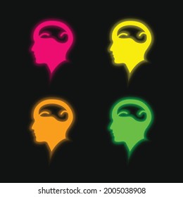 Bald Man Head With Brain four color glowing neon vector icon