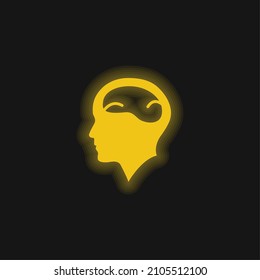 Bald Man Head With Brain yellow glowing neon icon