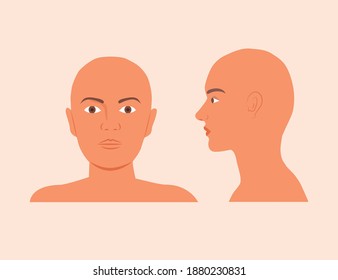 Bald Man Head isolated on white background. Unisex hairless bust, head, neck, shoulder illustration vector. Bald-headed vector. Front side hairless male or female head flat design