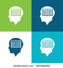 Bald Man Head With Opened Book Inside Flat four color minimal icon set