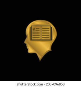 Cabeza de hombre calvo con libro abierto Dentro de icono metálico chapado en oro o vector de logotipo