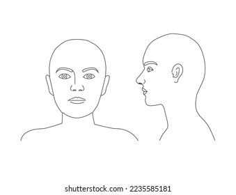 Dibujo de contorno de cabeza de hombre calvo. Acero sin pelo, cabeza, cuello, escaparate de la línea de hombro vectorial. Esbozo sin cabeza. Silueta Dibujo de la mano de la cabeza sin peinado del lado delantero masculino o femenino