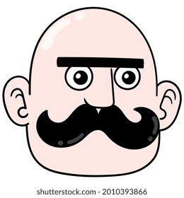bald man head with a thick thick mustache, vector illustration carton emoticon. doodle icon drawing