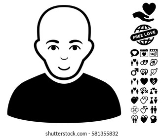 Bald Man icon with bonus lovely clip art. Vector illustration style is flat iconic black symbols on white background.