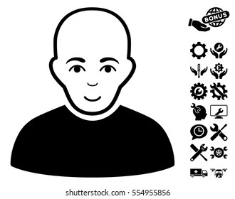 Bald Man icon with bonus tools design elements. Vector illustration style is flat iconic black symbols on white background.