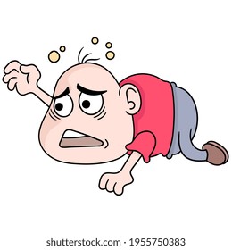 The bald man with the limp face was crawling for help, vector illustration art. doodle icon image kawaii.