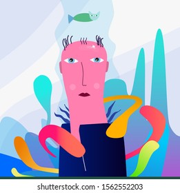 bald man looks at cat fish