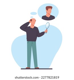 Bald man looks in mirror at his head and dreams of having big head of hair. Adult and old male people problems. Transplantation procedure. Cartoon flat character. Vector hairstyle concept