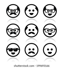 Bald man with mustache and in glasses faces icons set 