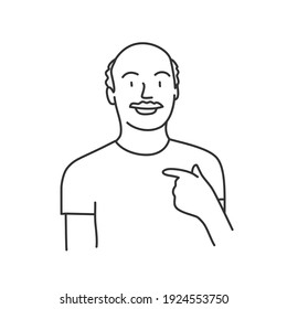 Bald man with mustache point to himself. Are you talking about me? Hand drawn vector illustration. 