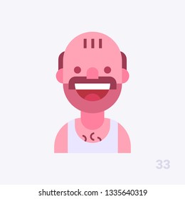 Bald man with a mustache in a singlet smiling. Modern simple and clear design. Vector icon in flat style.