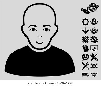 Bald Man pictograph with bonus settings design elements. Vector illustration style is flat iconic black symbols on light gray background.