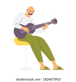 Bald man playing guitar. Home casual clothes. Isolated on white musician character