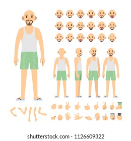 bald man relaxe cloth character set. Full length. Different view, emotion, gesture.
