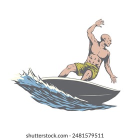 Bald Man Riding the Wave Hand Drawn Illustration in Vintage Style