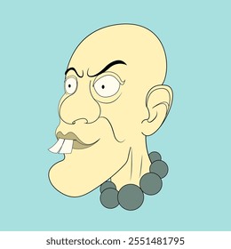 A bald man with a sinister smile, showing off his sharp teeth. He's wearing a necklace of beads. Perfect for illustrations related to evil, cunning, or mystery.