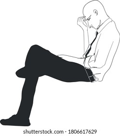 A bald man sitting alone with headache touching forehead on white background.
