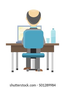 Bald man sitting at a desk and working on the computer, back view. Workplace, make money online, e-business, e-learning, concept. Man busy working on laptop computer. Vector illustration in flat.