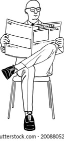 Bald man sitting reading newspaper Hand drawn line art illustration
