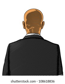 Bald man in suit from back or rear view in engraved style on transparent background