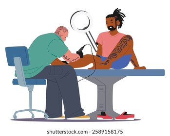 Bald man tattoo master drawing on client leg skin new ornament using professional electric machine scene. Art studio, stable body permanent adornment and creative people profession vector illustration