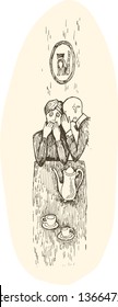 A bald man tells a woman a terrible nose a portrait of a cat on the wall characters gossip macabre noir people emotions conspiracy sneak whisper snitch out denunciation