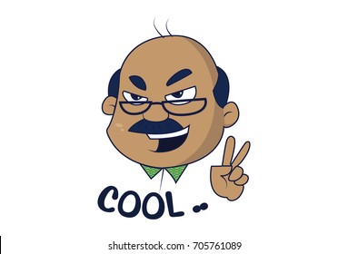 Bald Man with a victory sign saying Cool. Vector Illustration. Isolated on white background.