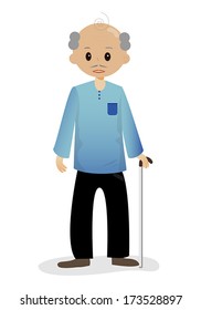 Bald man with walking stick, vector