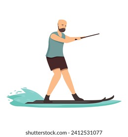 Bald man water skiing icon cartoon vector. Surfer swim. Coastal ocean