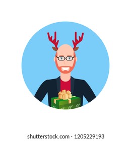 bald man wearing deer horns merry christmas happy new year concept face avatar portrait isolated vector illustration