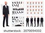 Bald Man Wearing Suit and Glasses Character Creation Set with Hand Gestures, Emotions and mouth Animation Premium Vector