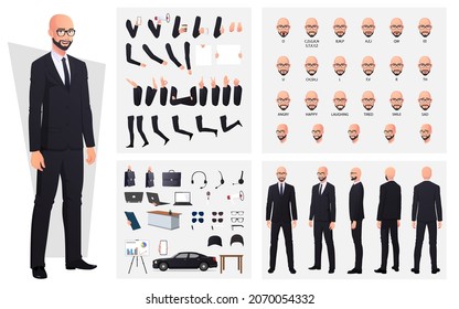 Bald Man Wearing Suit And Glasses Character Creation Set With Hand Gestures, Emotions And Mouth Animation Premium Vector