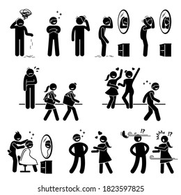 Bald man with a wig or fake hair stick figures icons. Vector illustration of an ugly sad man wearing a wig or toupee and become very handsome and happy.