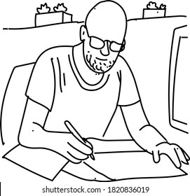 Bald Man working on something above table, man writing on table