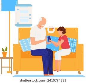 Bald man and young girl using tablet on sofa. Father and daughter enjoying digital content together at home. Family bonding and tech lifestyle vector illustration.