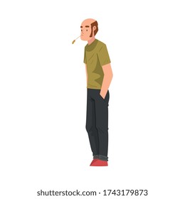 Bald Mature Man Standing with Grass in his Mouth, Man Spending Time in Expectation Cartoon Vector Illustration